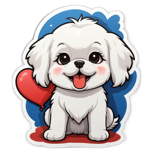A white dog with a red heart is sitting on the floor.