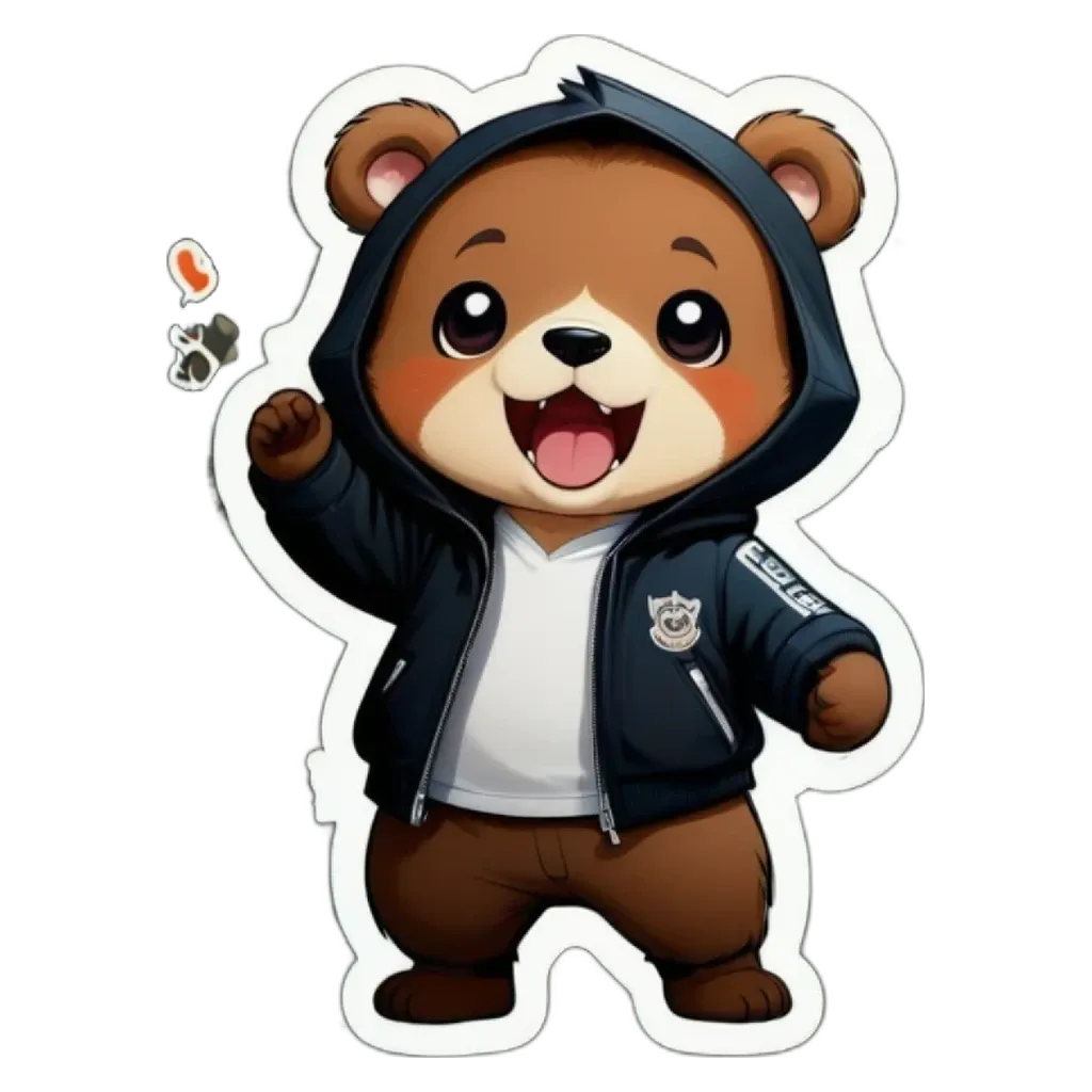 A teddy bear wearing a hoodie and a police jacket.