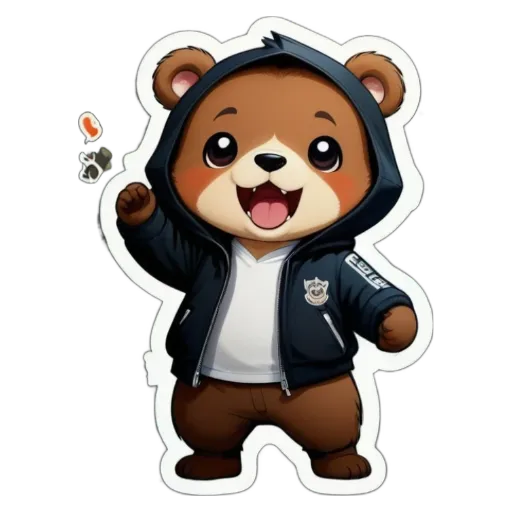 A teddy bear wearing a hoodie and a police jacket.