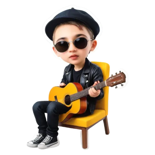 A cartoon boy playing the guitar in sunglasses is sitting in a yellow chair.