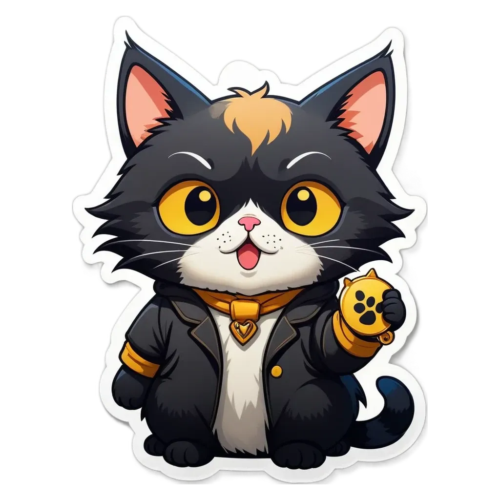A cartoon cat wearing a jacket and holding a coin is displayed.