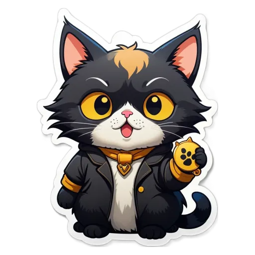 A cartoon cat wearing a jacket and holding a coin is displayed.