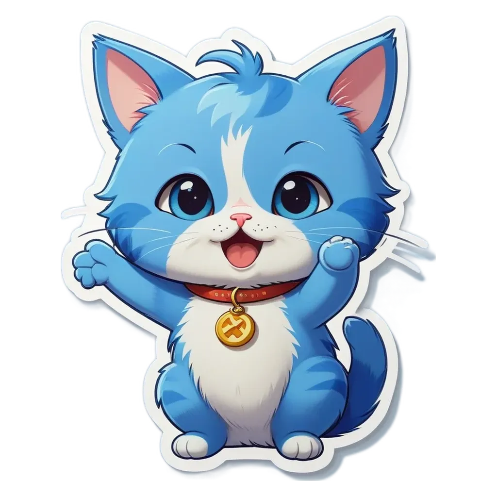 A blue and white cat with a gold collar is waving.