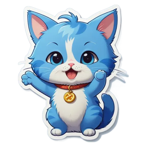 A blue and white cat with a gold collar is waving.