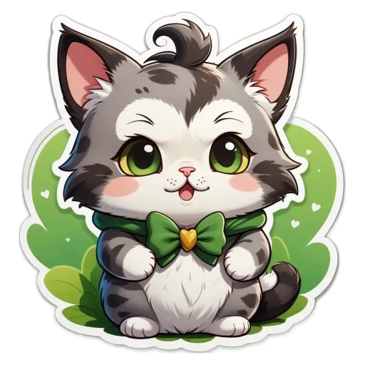 A cartoon cat with a green bow is sitting on grass.