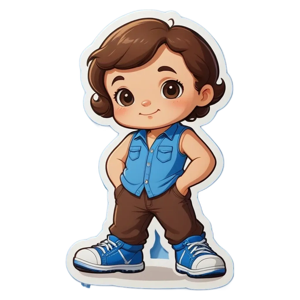 A blue and white character girl with brown pants standing up.