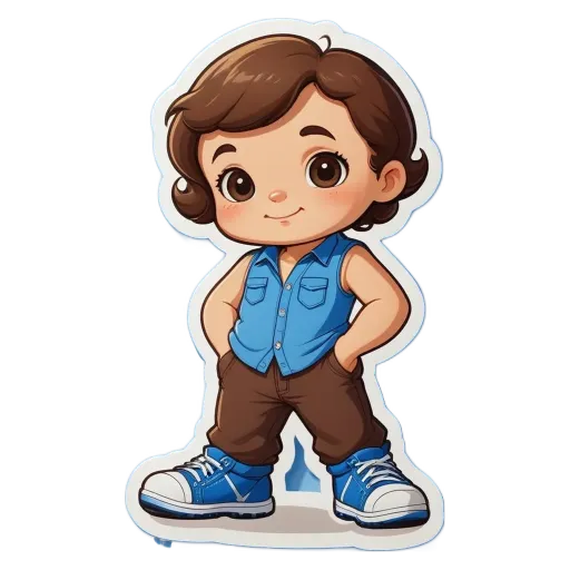 A blue and white character girl with brown pants standing up.
