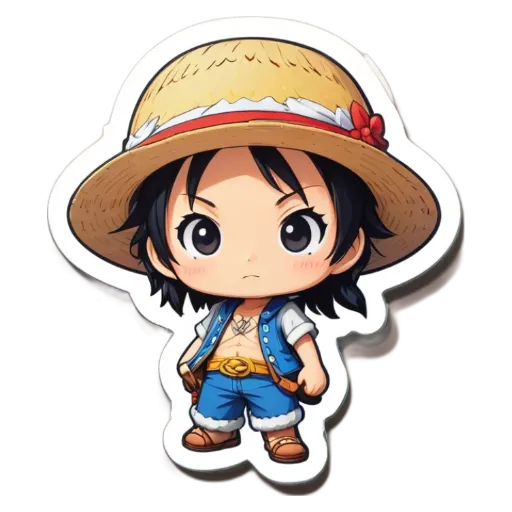 A one piece cartoon character that is wearing a hat and holding a stick.