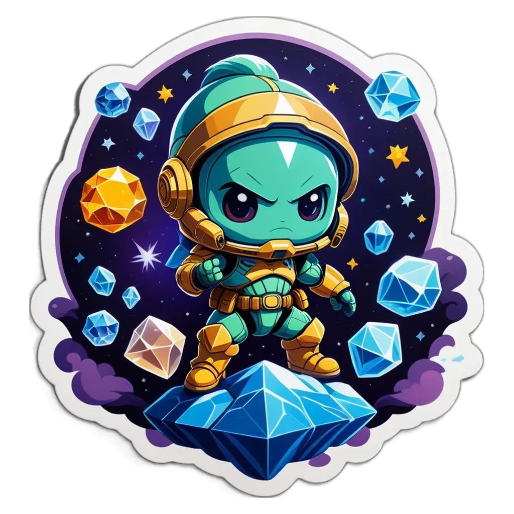 A child alien in a green and gold costume over a diamond shaped background.
