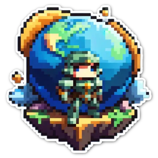 A sticker of a planet with a green figure on it.