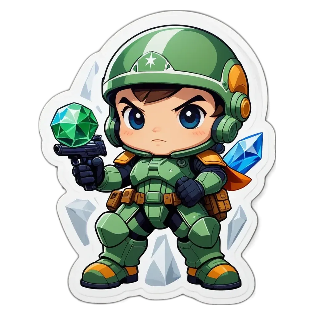 A green and black character holding a gem and a gun.