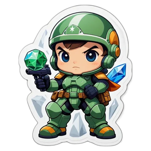 A green and black character holding a gem and a gun.