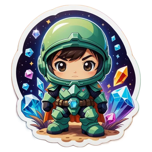 A green colored cartoon character wearing a helmet is surrounded by stones and crystals.