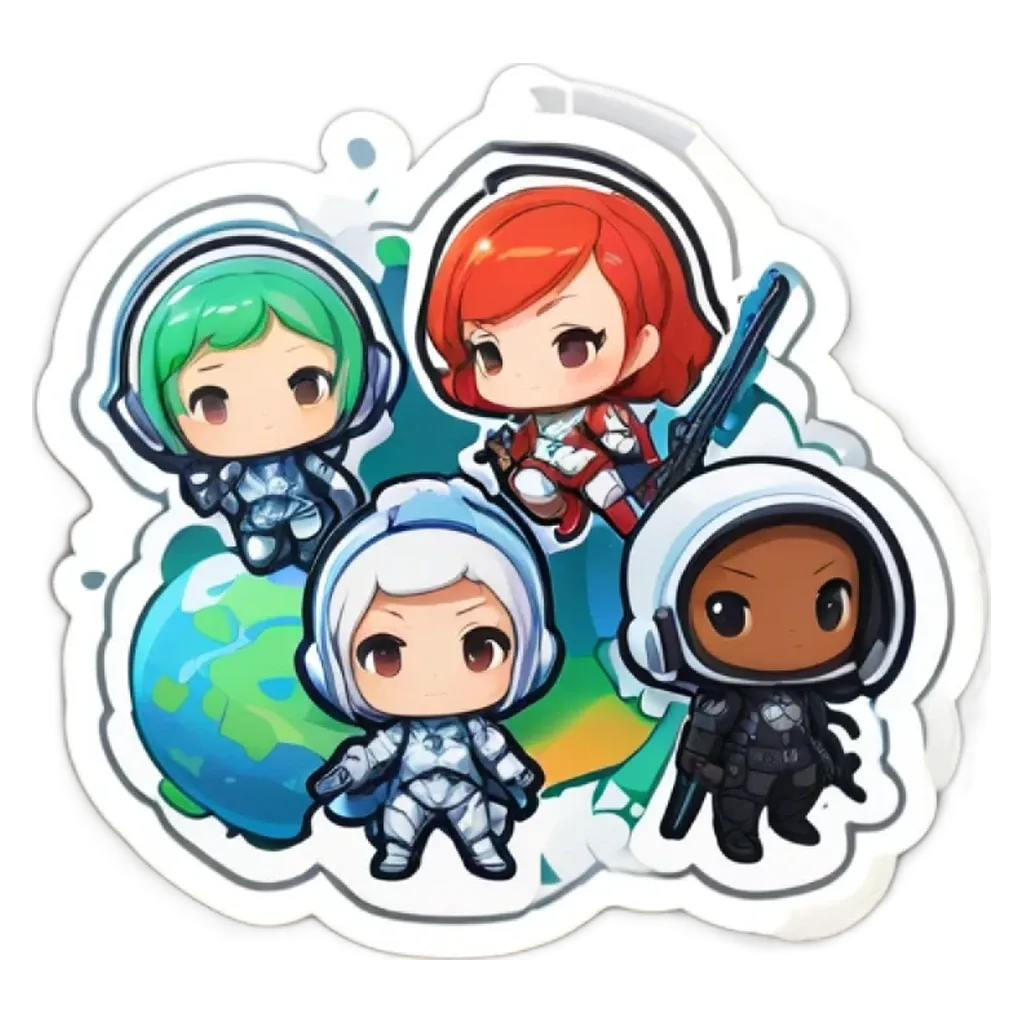 Four girls in space with a gun each.
