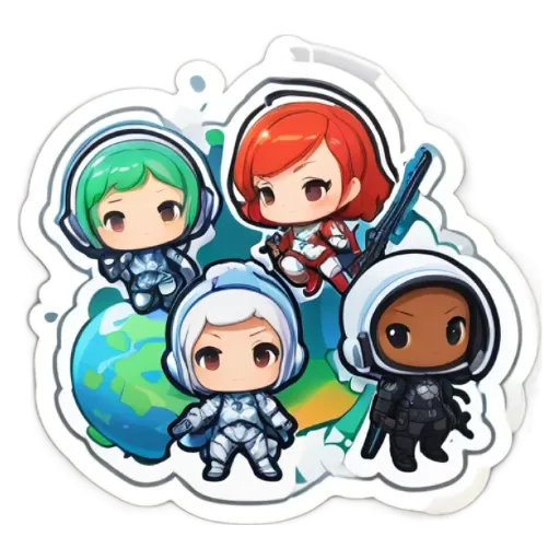 Four girls in space with a gun each.