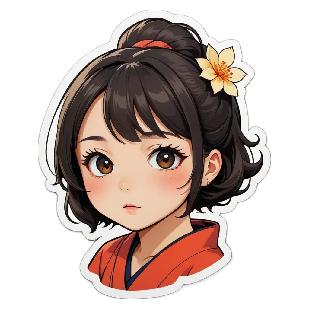 A girl with a flower on her head in a red kimono.