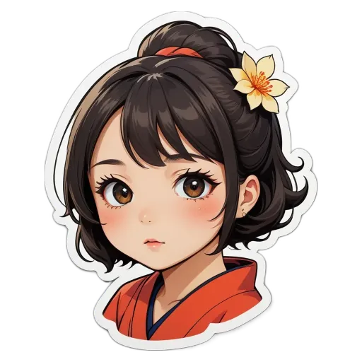 A girl with a flower on her head in a red kimono.