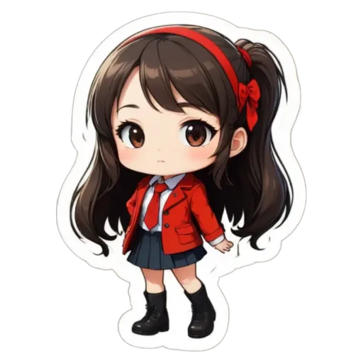 A girl in a school uniform is shown on a black and white background.