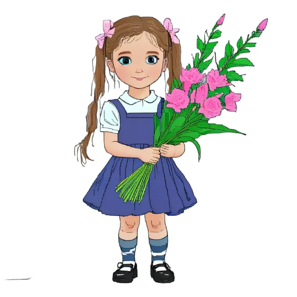 A girl wearing a blue dress is holding pink flowers.
