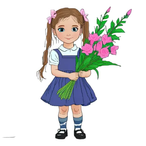 A girl wearing a blue dress is holding pink flowers.