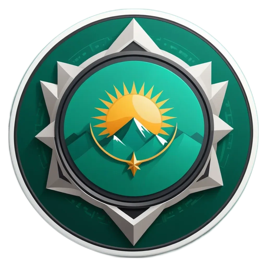 A sun and mountain symbol in the center of a circle.