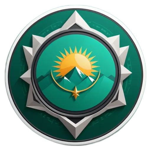 A sun and mountain symbol in the center of a circle.