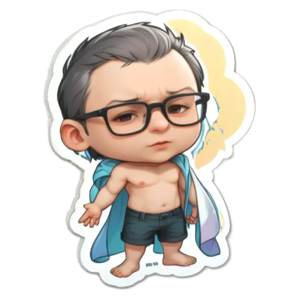 a boy wearing glasses and a bathing suit sticker.