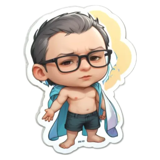 a boy wearing glasses and a bathing suit sticker.