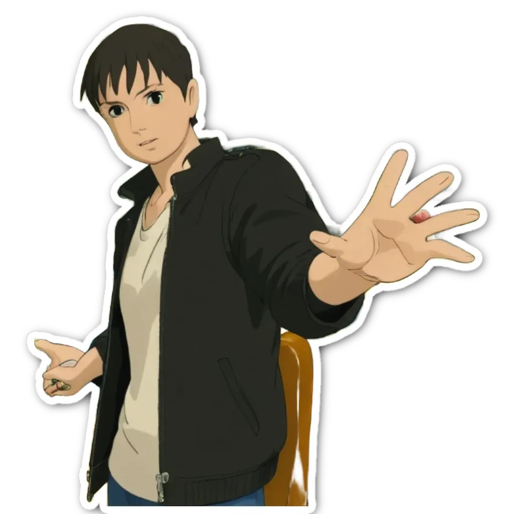 A boy wearing a black jacket is sitting down and holding up his right hand.