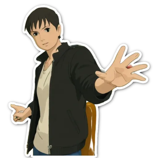 A boy wearing a black jacket is sitting down and holding up his right hand.