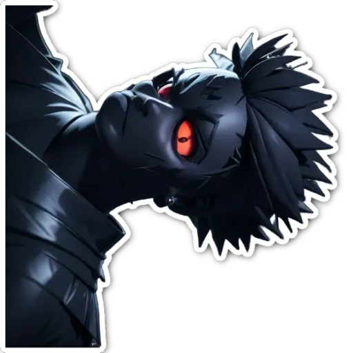 A sticker of a person with red eyes standing against a black background.