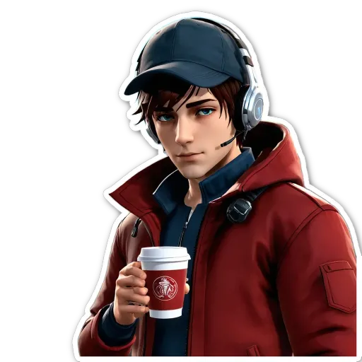 A boy wearing a red jacket and headphones holding a Starbucks coffee cup.