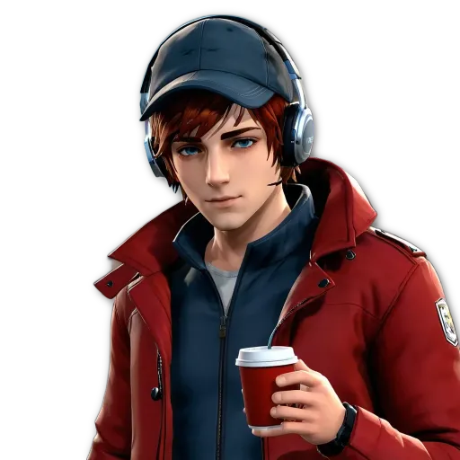 A faceless man in red coat holding a coffee cup.