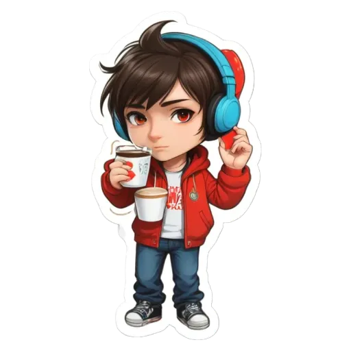 A boy listening to music with a coffee in one hand and a donut in the other.