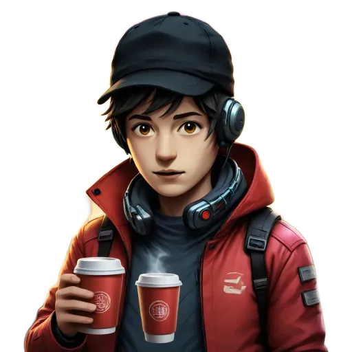 A boy wearing a red jacket is holding a coffee cup in his right hand.