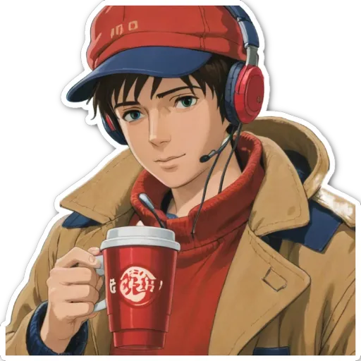 A boy wearing a hat and headphones holding a red coffee cup.