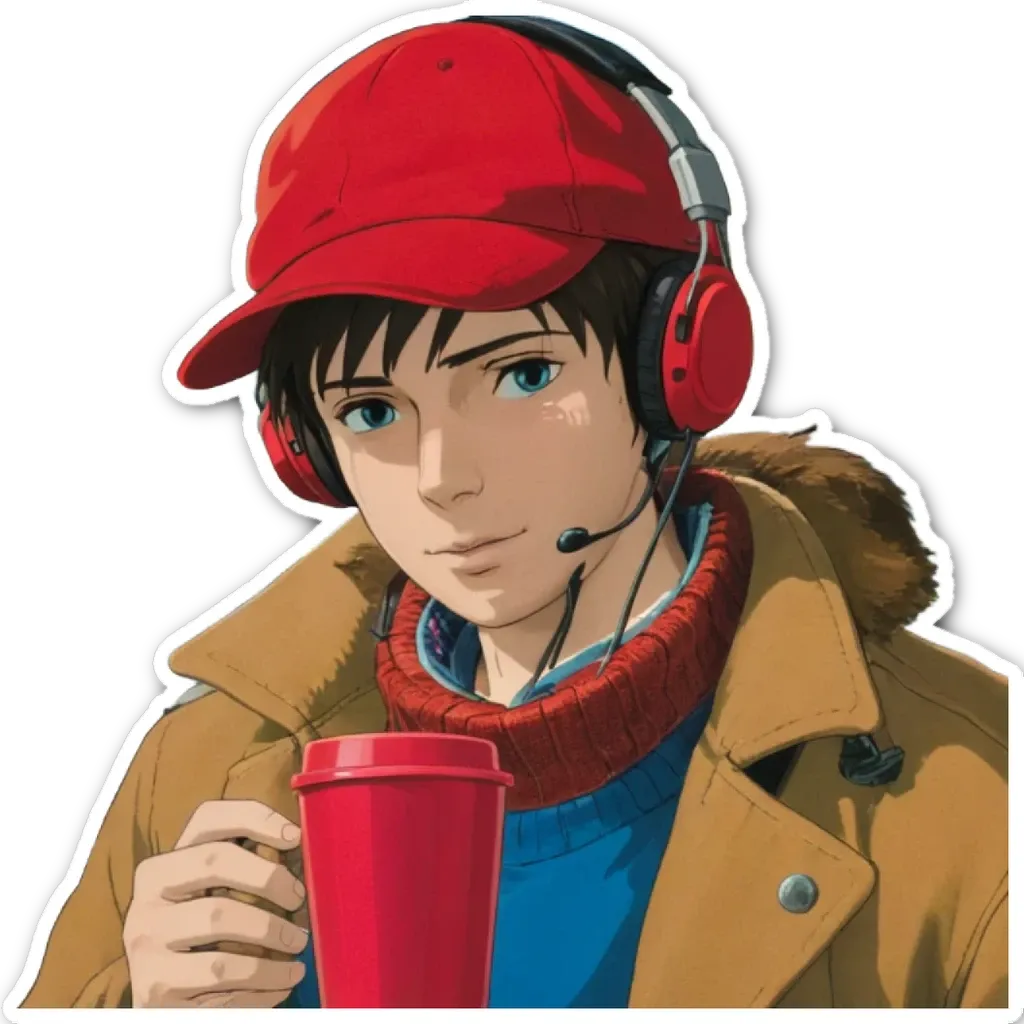 A boy wearing a red hat holding a coffee cup.