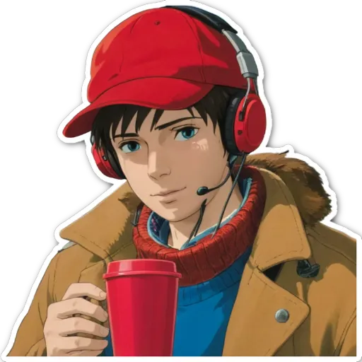 A boy wearing a red hat holding a coffee cup.