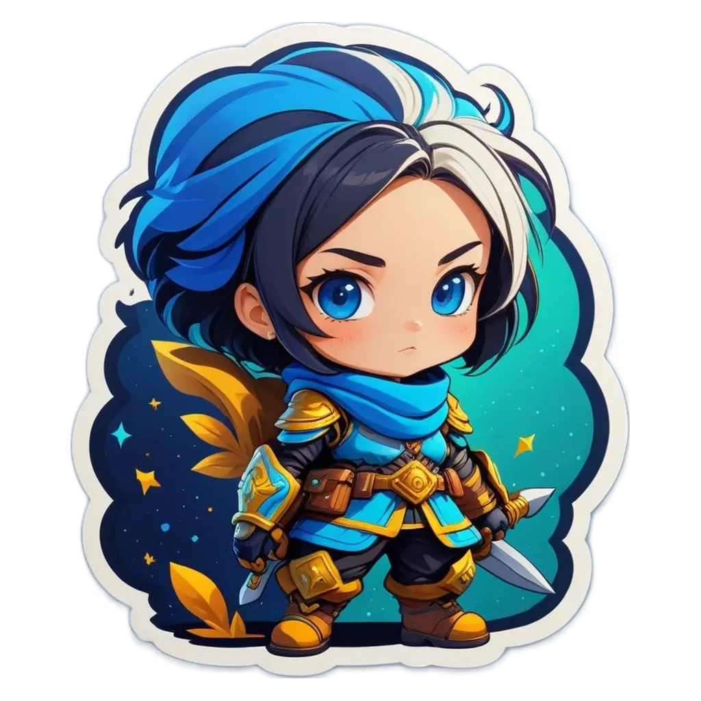 A girl with a sword that is blue and gold.