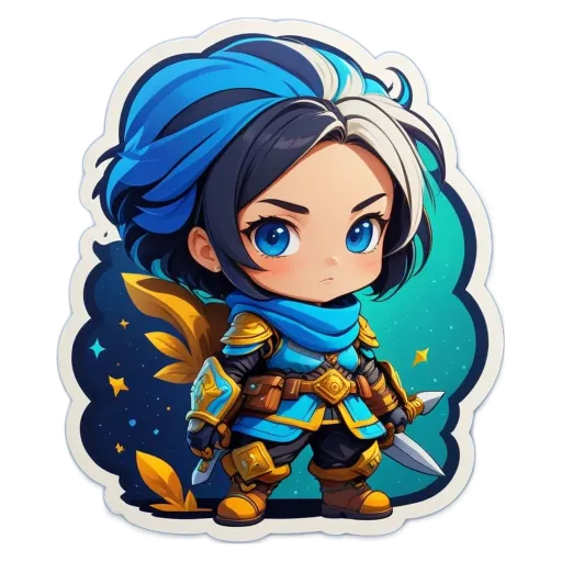 A girl with a sword that is blue and gold.