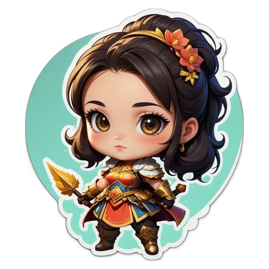 A girl with a blue and gold outfit holding a sword in a video game.