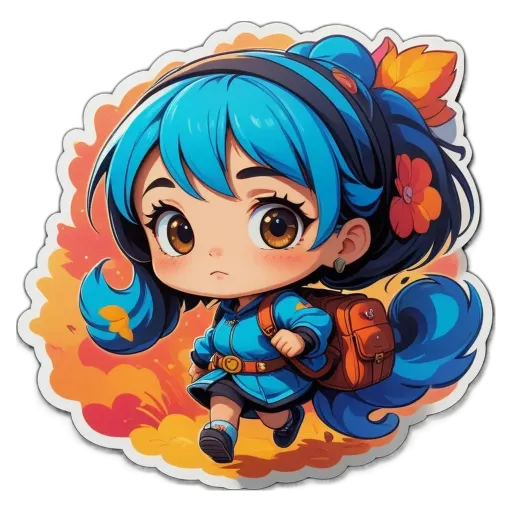 A blue colored girl with a backpack running in the outdoors.