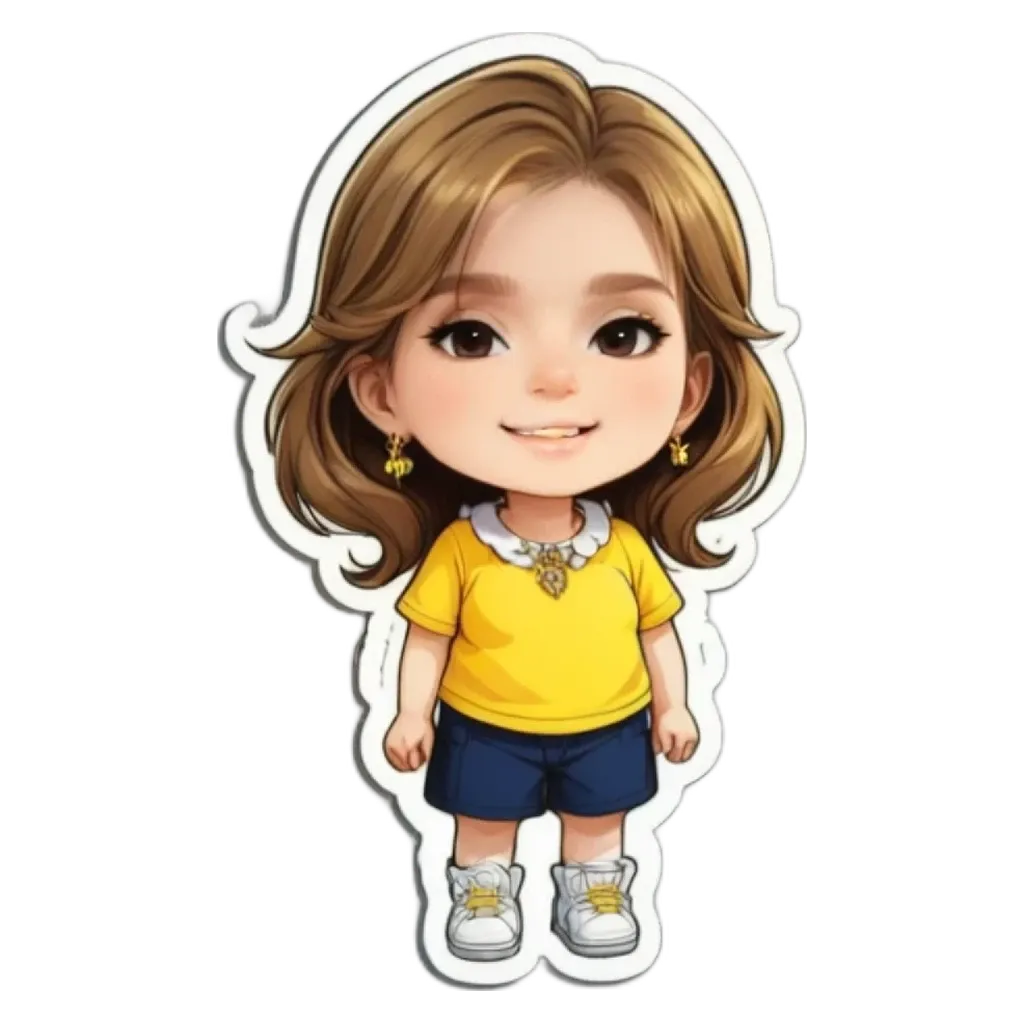 A yellow girl with blue shorts standing in front of a black background.