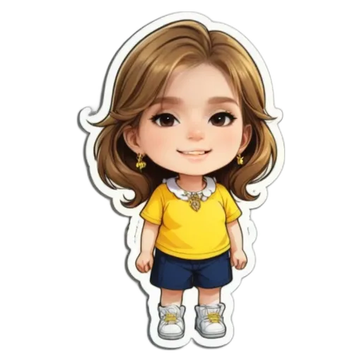 A yellow girl with blue shorts standing in front of a black background.
