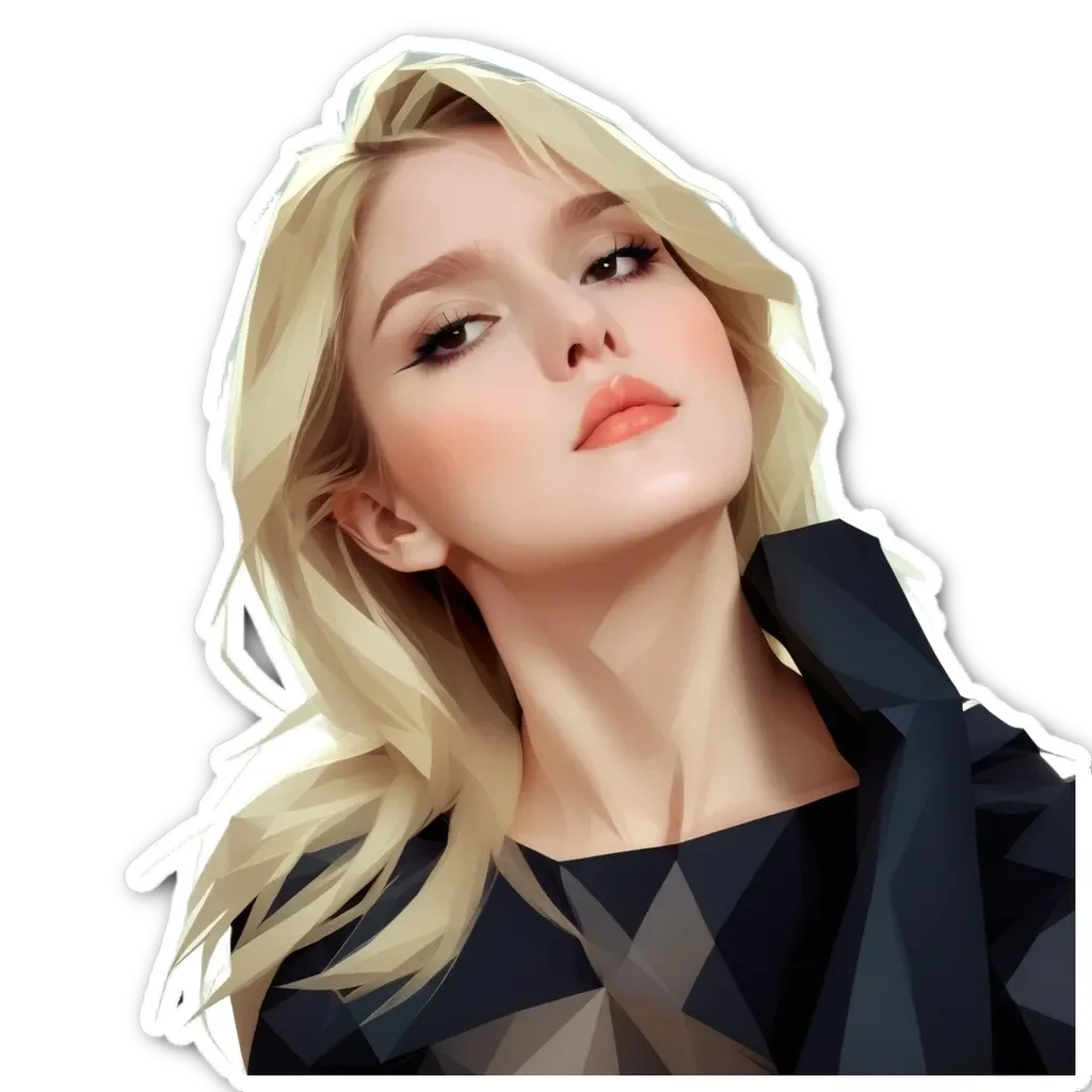 A woman with a geometric shape for a face is posing.