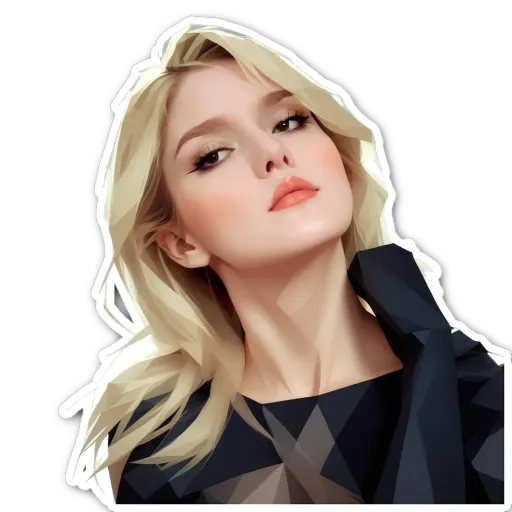 A woman with a geometric shape for a face is posing.