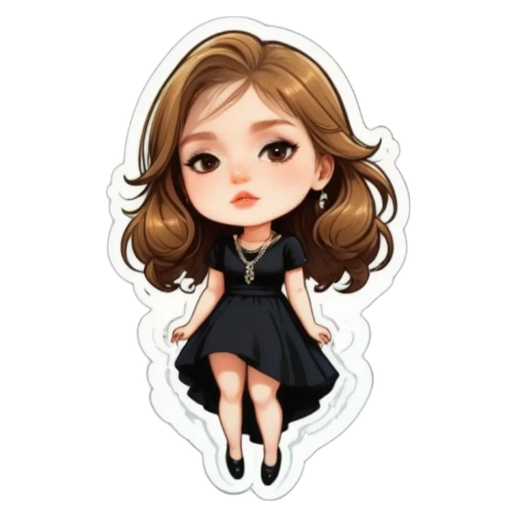 A girl is depicted on a black sticker with brown hair.