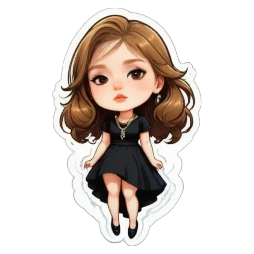 A girl is depicted on a black sticker with brown hair.