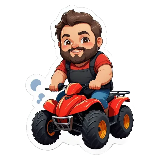 A cartoon depiction of a man on a four wheeler.