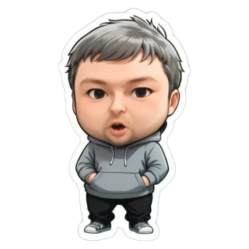 A boy is wearing a grey hoodie and standing with his mouth open.